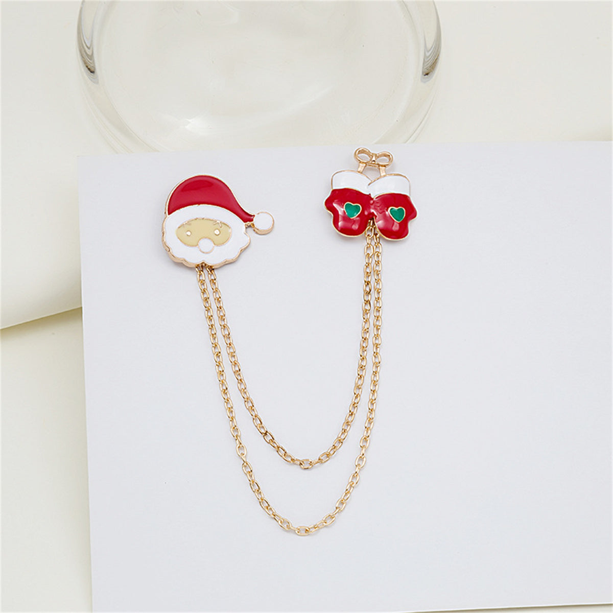Red Enamel and 18K Gold-Plated Santa and Mitten Chain Brooch, gold brooch pin, elegant gift for her, side view