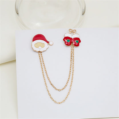 Red Enamel and 18K Gold-Plated Santa and Mitten Chain Brooch, gold brooch pin, elegant gift for her, side view