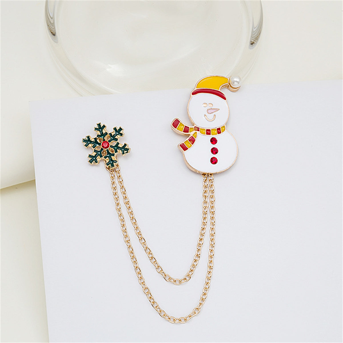 Cubic Zirconia & Pearl Enamel 18K Gold-Plated Snowman Snowflake Chain Brooch