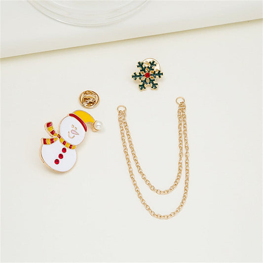 Cubic Zirconia and Pearl Enamel 18K Gold-Plated Snowman Snowflake Chain Brooch, gold brooch pin, front view