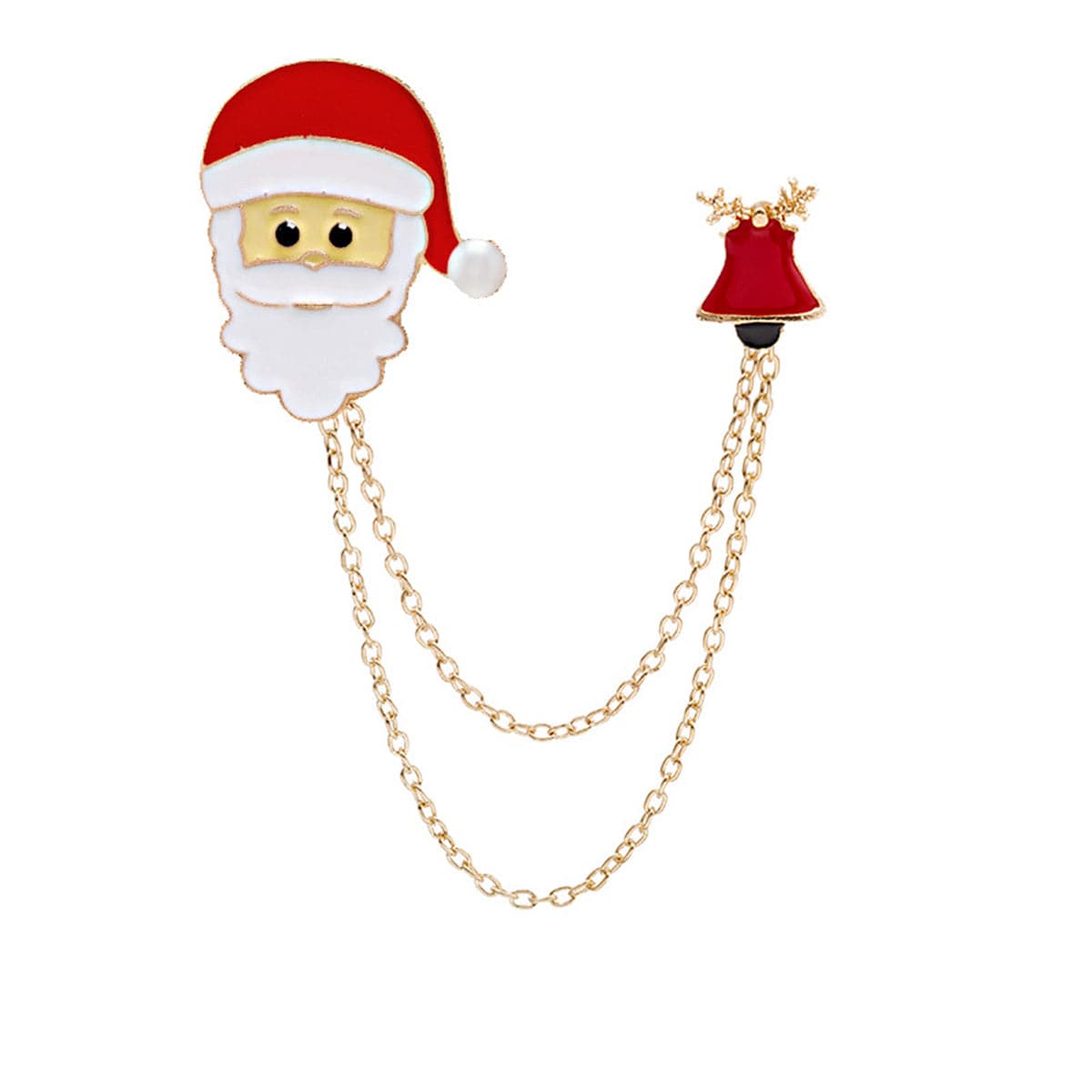 Pearl and Enamel 18K Gold-Plated Santa Bell Chain Brooch, gold brooch pin, vintage-inspired design, front view