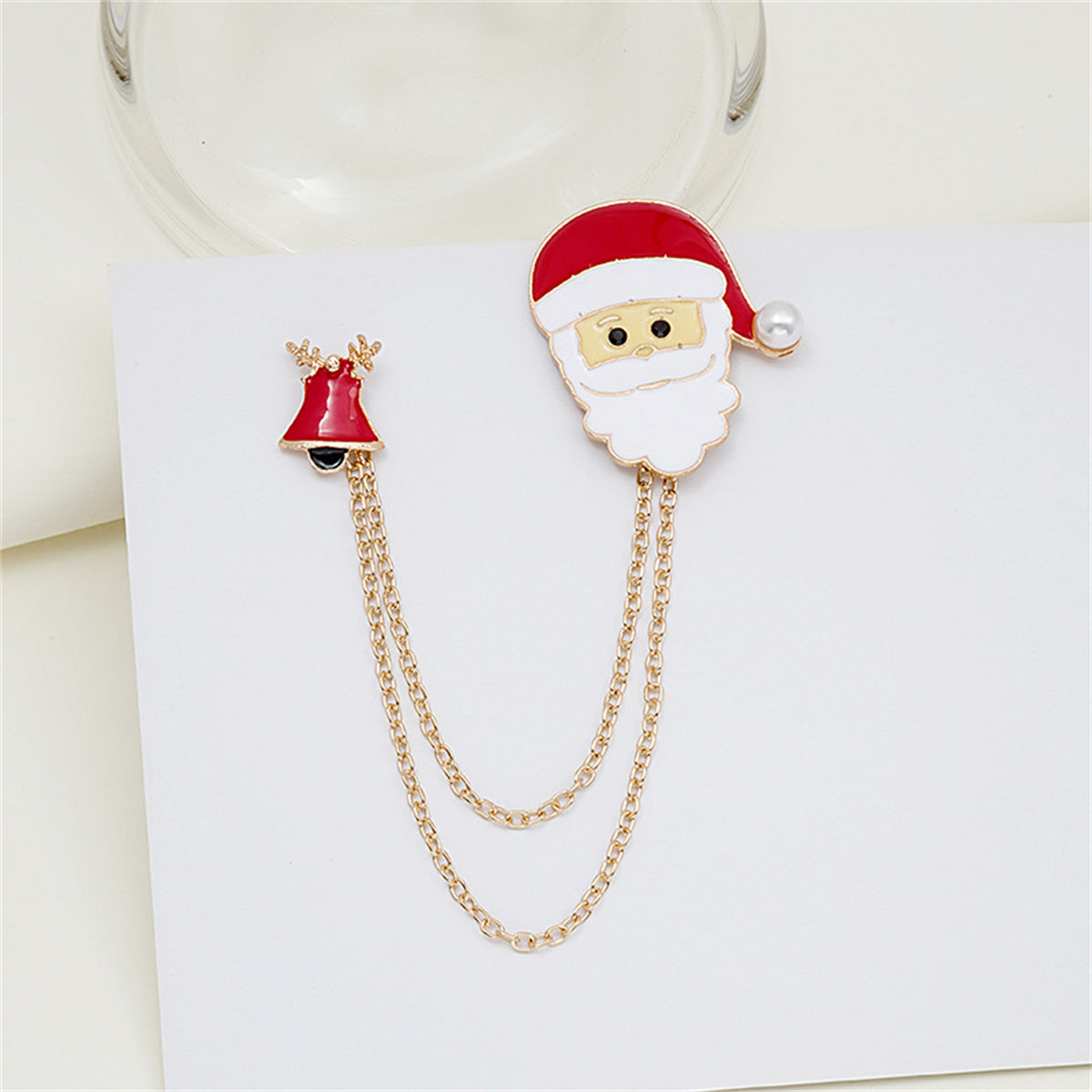 Pearl and Enamel 18K Gold-Plated Santa Bell Chain Brooch, gold brooch pin, vintage-inspired design, detail close-up