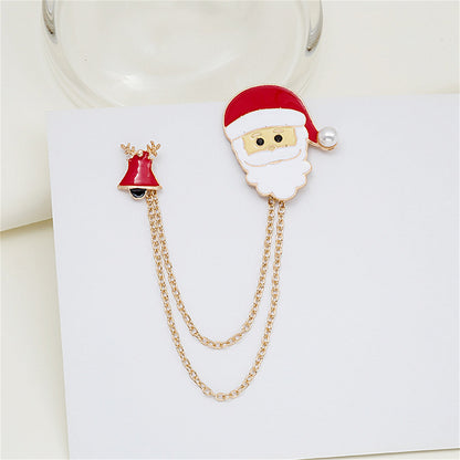 Pearl and Enamel 18K Gold-Plated Santa Bell Chain Brooch, gold brooch pin, vintage-inspired design, detail close-up