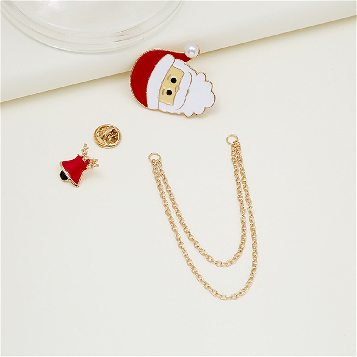 Pearl and Enamel 18K Gold-Plated Santa Bell Chain Brooch, gold brooch pin, vintage-inspired design, side view