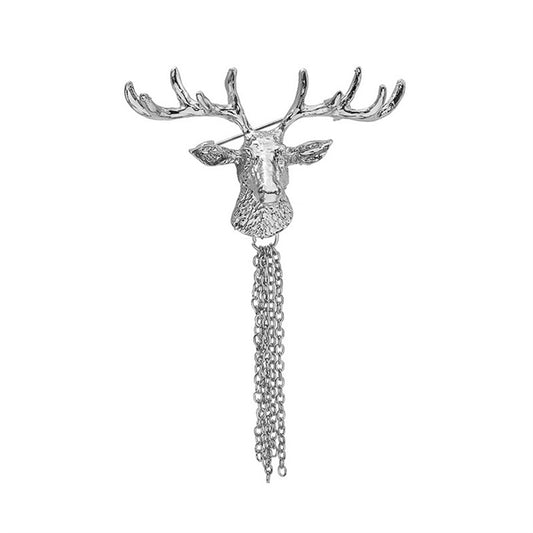 Silver-Plated Reindeer Tassel Brooch, silver brooch pin, botanical inspired, front view