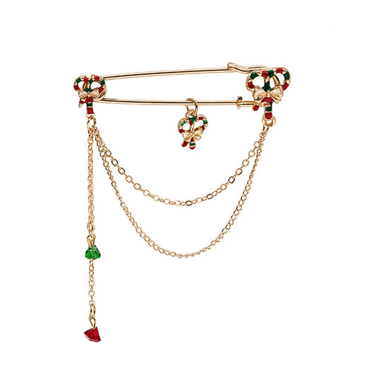 Green Enamel and Acrylic 18K Gold-Plated Candy Cane Pin Chain Brooch, gold brooch pin, elegant gift for her, front view