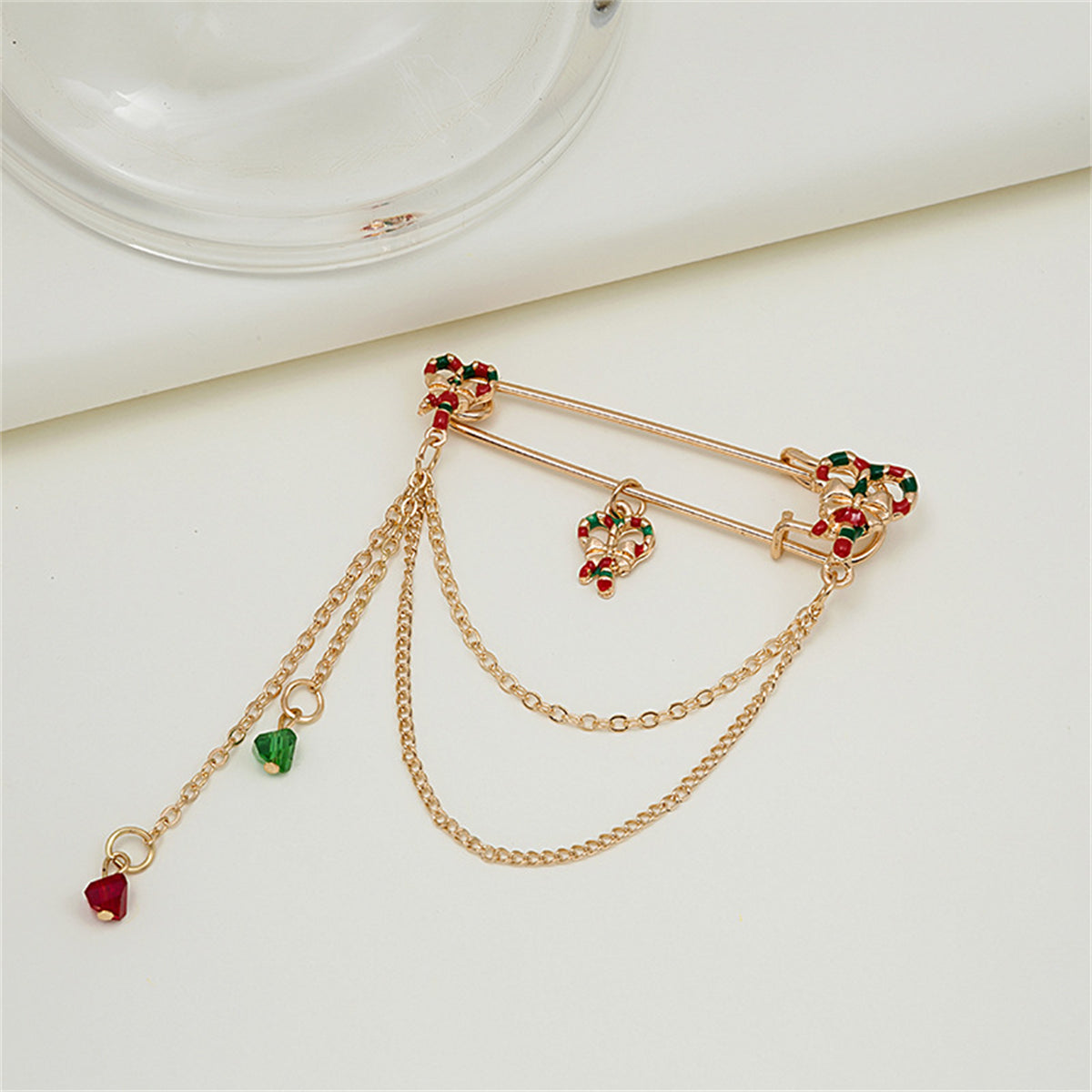 Green Enamel and Acrylic 18K Gold-Plated Candy Cane Pin Chain Brooch, gold brooch pin, elegant gift for her, side view