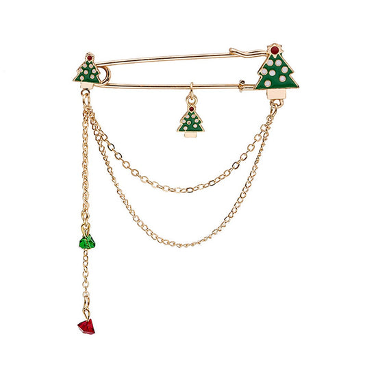 Green Enamel and Acrylic 18K Gold-Plated Holiday Tree Pin Chain Brooch, gold brooch pin, botanical inspired, front view