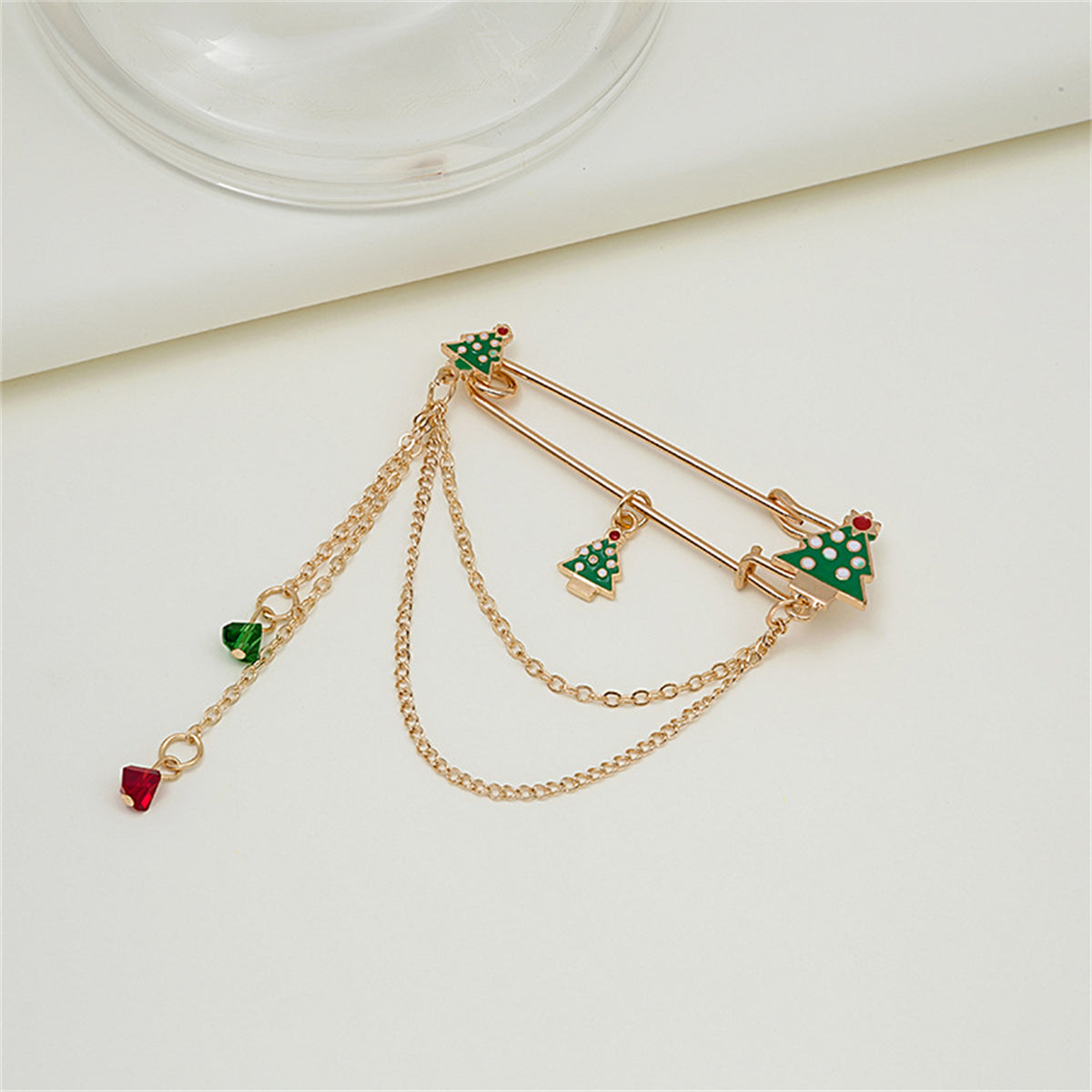 Green Enamel & Acrylic 18K Gold-Plated Holiday Tree Pin Chain Brooch