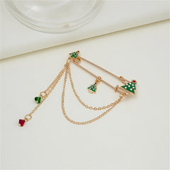 Green Enamel & Acrylic 18K Gold-Plated Holiday Tree Pin Chain Brooch