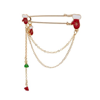 Red and Green Crystal Mittens Chain Pin Brooch, brooch pin, elegant gift for her, front view