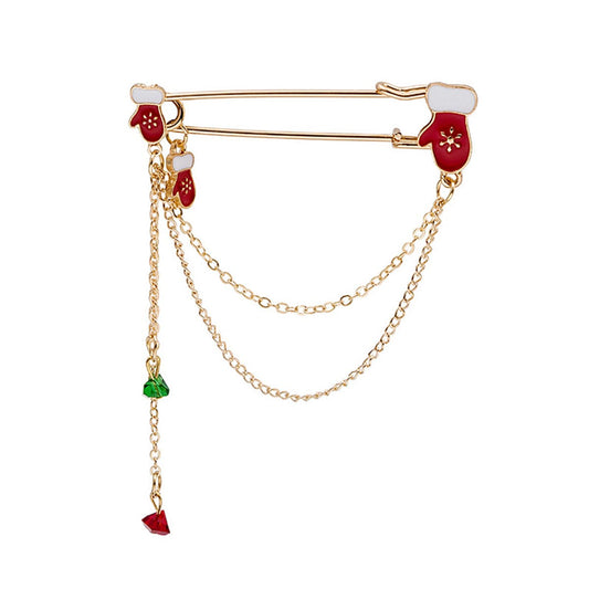 Red and Green Crystal Mittens Chain Pin Brooch, brooch pin, elegant gift for her, front view
