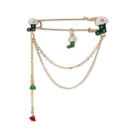 Green Enamel and Acrylic 18K Gold-Plated Stocking Pin Chain Brooch, gold brooch pin, vintage-inspired design, front view