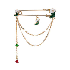 Green Enamel & Acrylic 18K Gold-Plated Stocking Pin Chain Brooch