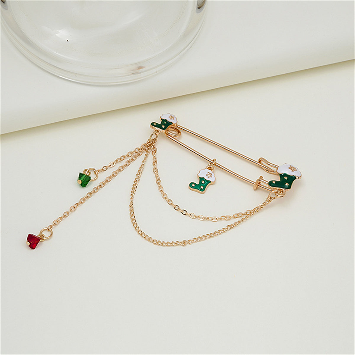 Green Enamel & Acrylic 18K Gold-Plated Stocking Pin Chain Brooch