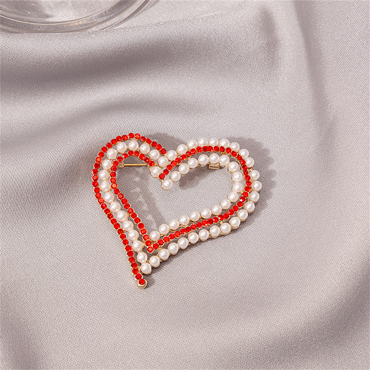 Red Cubic Zirconia & Pearl 18K Gold-Plated Heart Brooch
