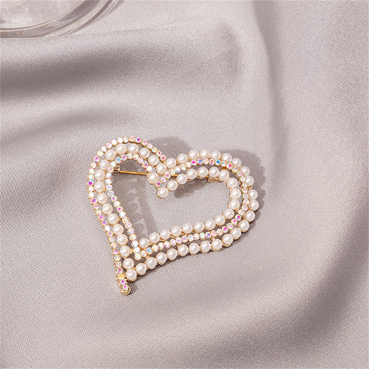 Cubic Zirconia and Pearl 18K Gold-Plated Heart Brooch, gold brooch pin, botanical inspired, front view