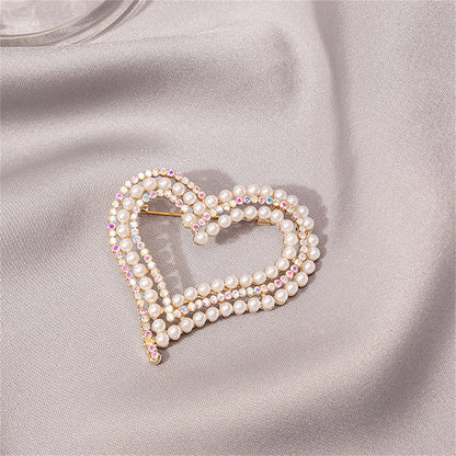 Cubic Zirconia and Pearl 18K Gold-Plated Heart Brooch, gold brooch pin, botanical inspired, front view
