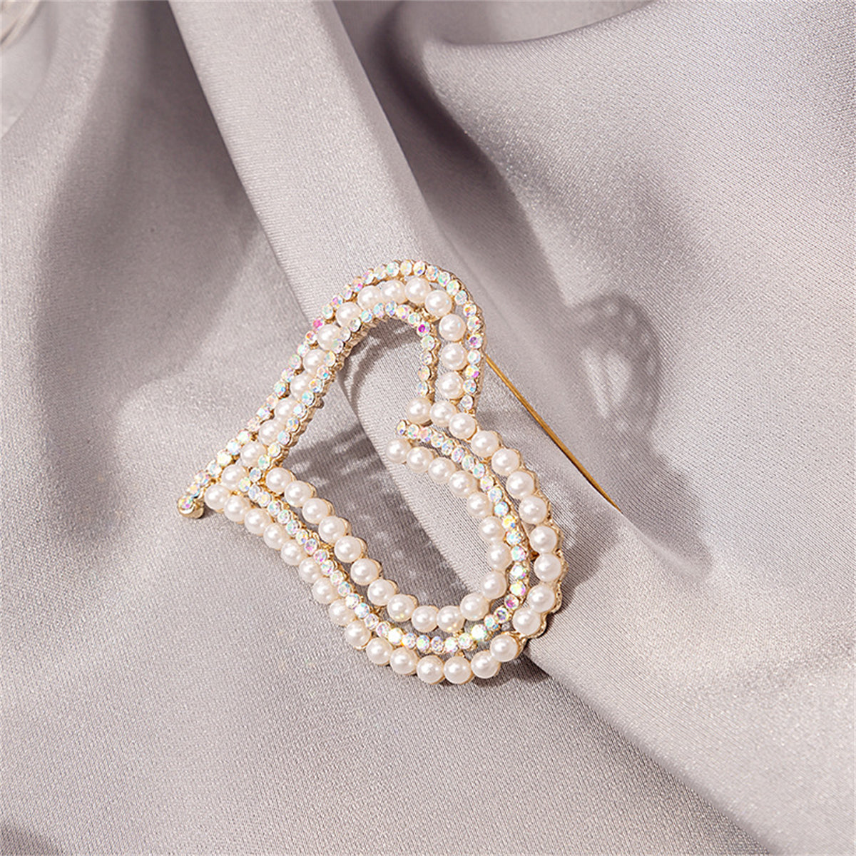 Cubic Zirconia & Pearl 18K Gold-Plated Heart Brooch