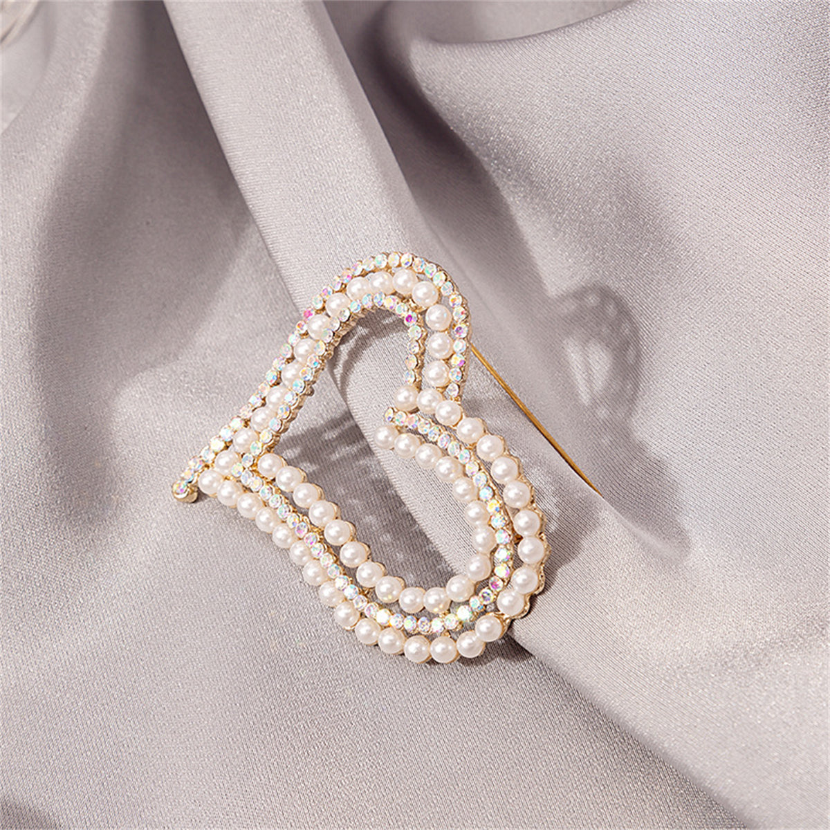 Cubic Zirconia and Pearl 18K Gold-Plated Heart Brooch, gold brooch pin, botanical inspired, side view