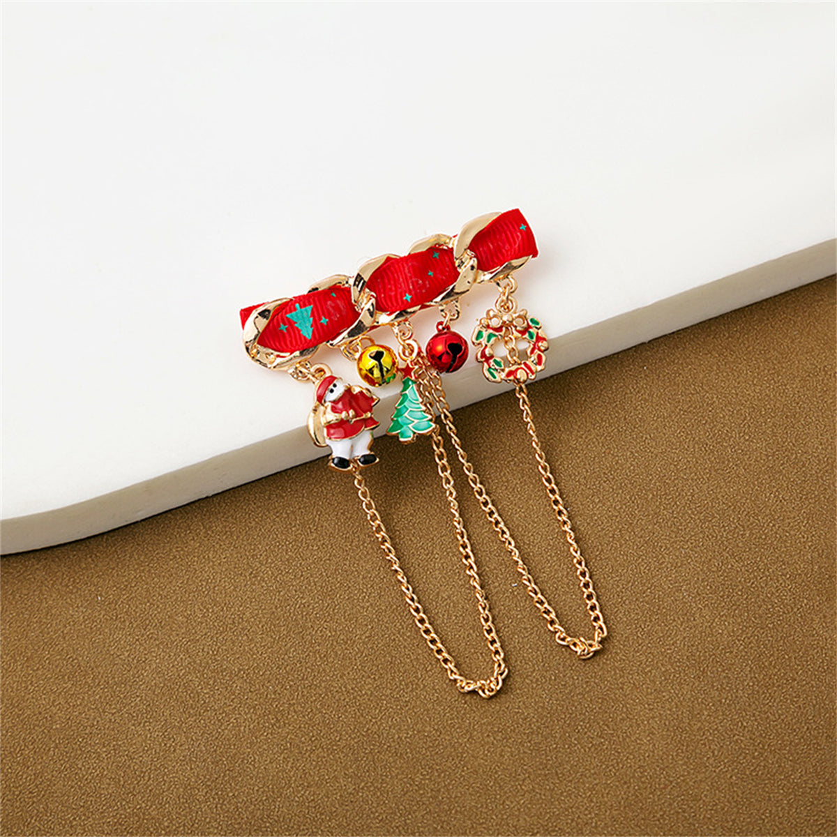 Red Enamel and 18K Gold-Plated Santa and Tree Brooch, gold brooch pin, botanical inspired, front view