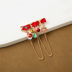 Red Enamel & 18K Gold-Plated Santa & Tree Brooch