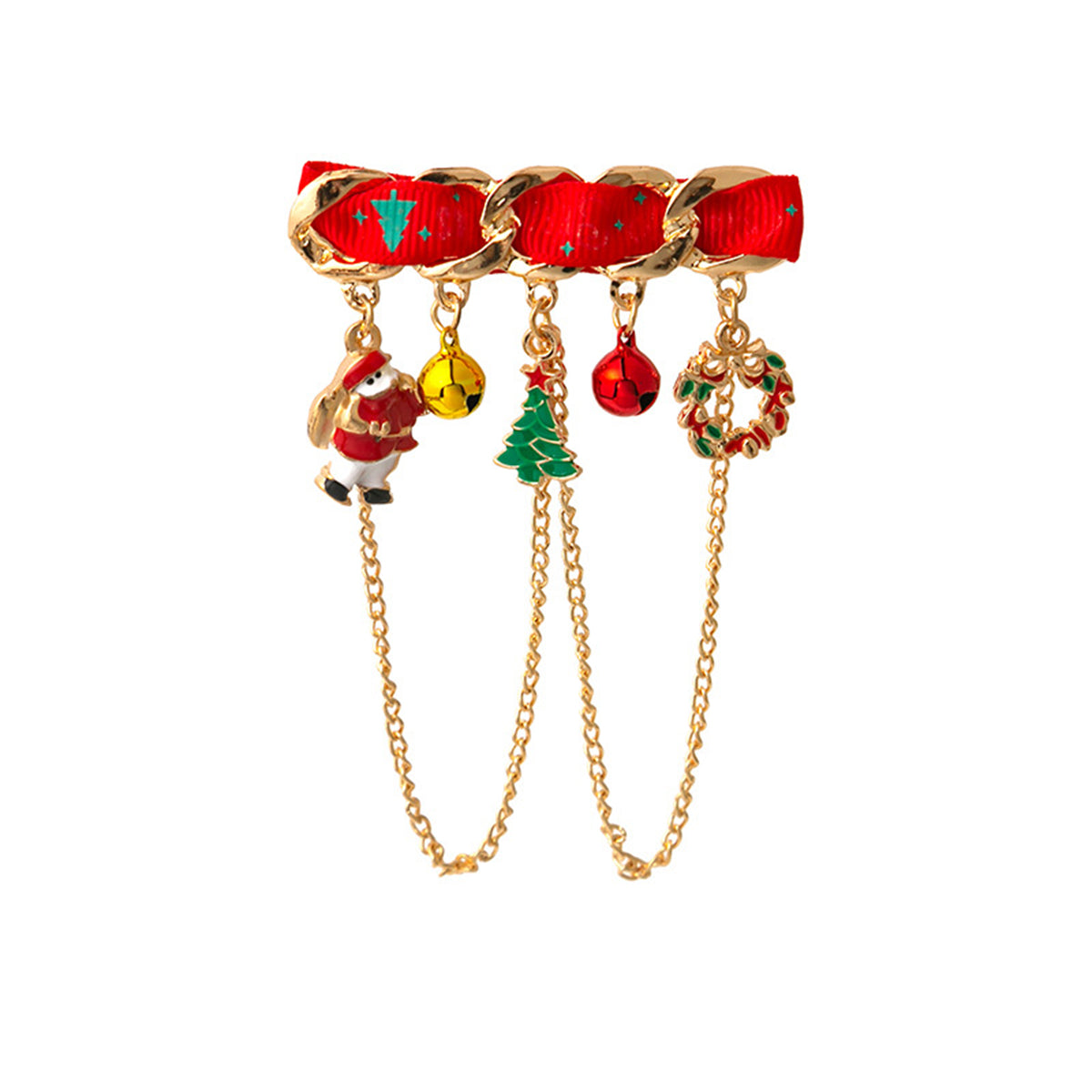 Red Enamel and 18K Gold-Plated Santa and Tree Brooch, gold brooch pin, botanical inspired, side view
