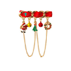 Red Enamel & 18K Gold-Plated Santa & Tree Brooch