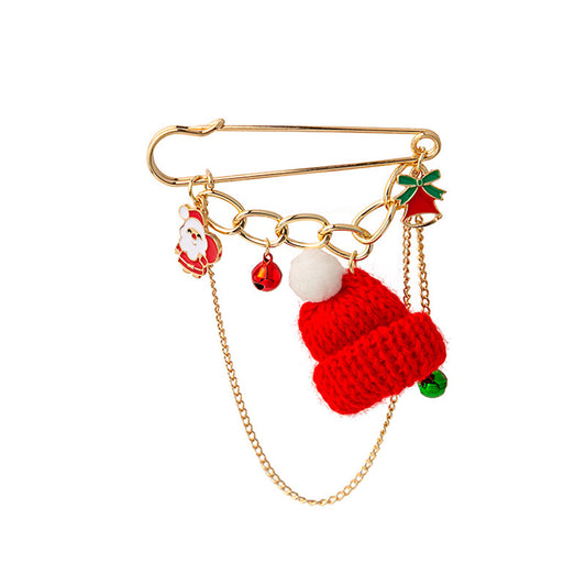 Red Polyester and Enamel 18K Gold-Plated Christmas Hat Santa Bell Brooch, gold brooch pin, botanical inspired, front view