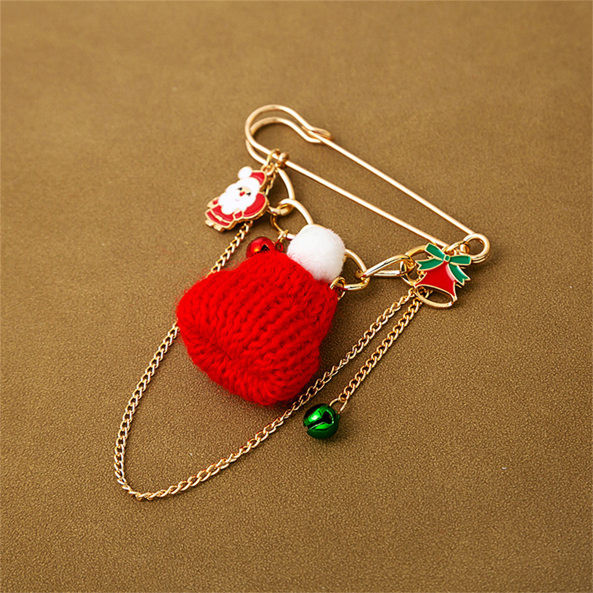 Red Polyester & Enamel 18K Gold-Plated Christmas Hat Santa Bell Brooch