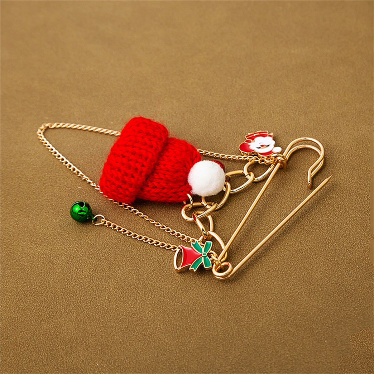 Red Polyester & Enamel 18K Gold-Plated Christmas Hat Santa Bell Brooch