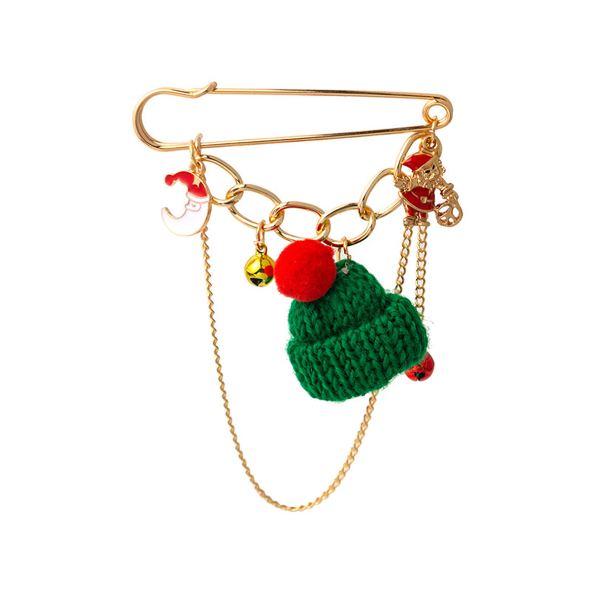 Green Polyster and Enamel 18K Gold-Plated Beanie Charm Pin Brooch, gold brooch pin, vintage-inspired design, front view