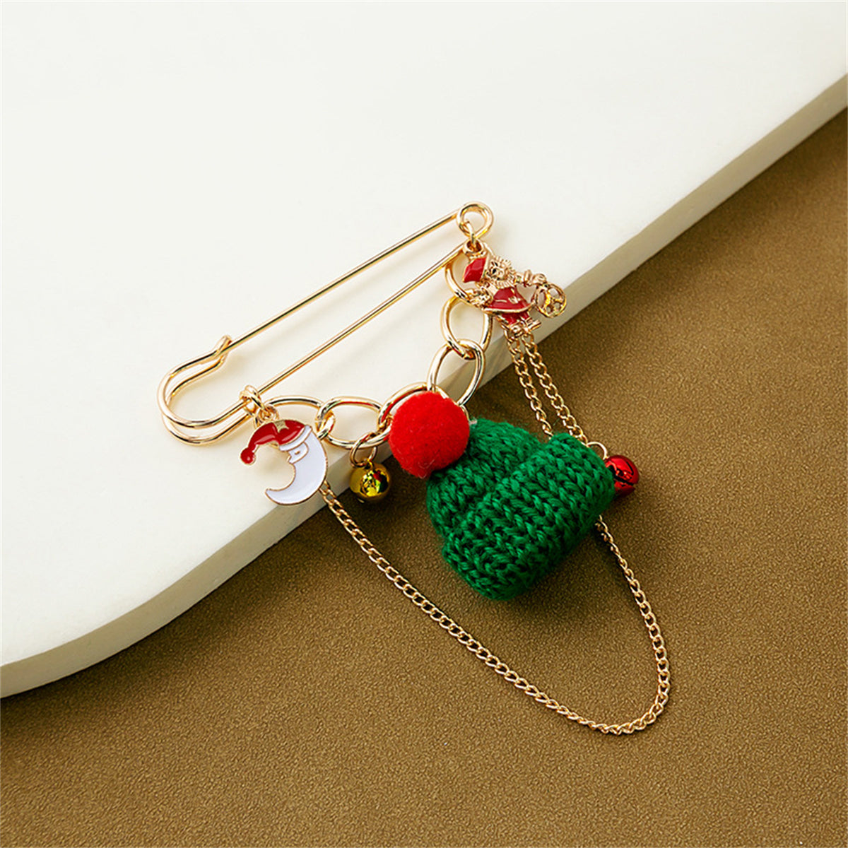 Green Polyster and Enamel 18K Gold-Plated Beanie Charm Pin Brooch, gold brooch pin, vintage-inspired design, side view