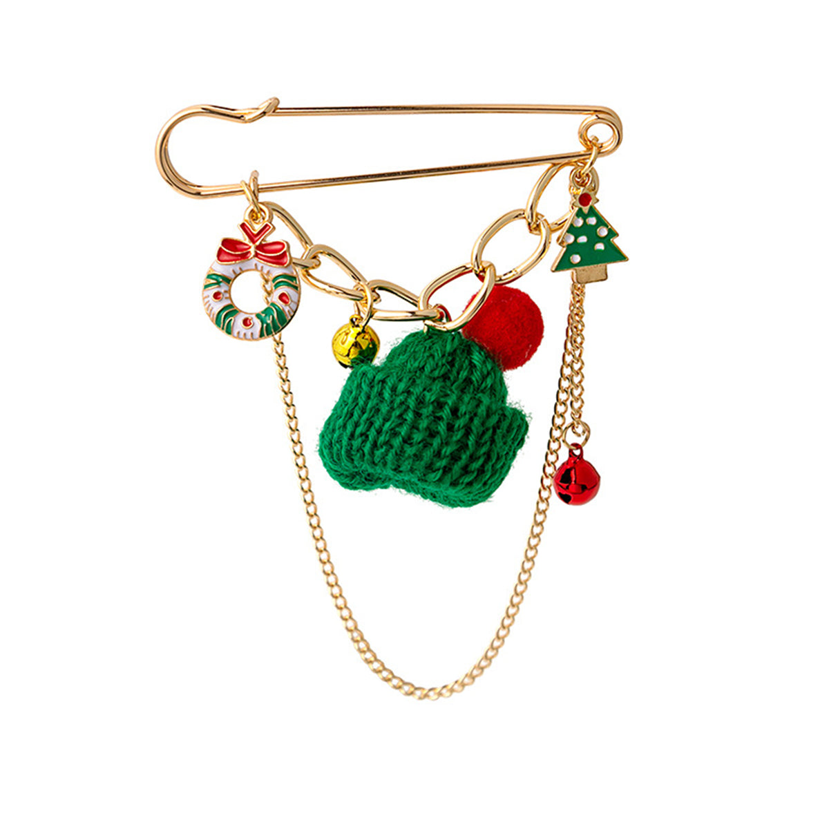 Green Polyster and Enamel 18K Gold-Plated Christmas Hat Charm Pin Brooch, gold brooch pin, front view