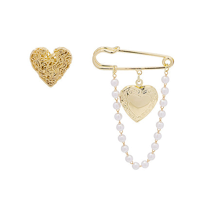 Pearl and 18K Gold-Plated Chain Heart Brooch - Set Of Two, jewelry gift sets for women, everyday style, front view