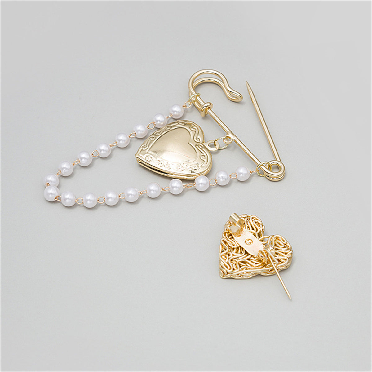 Pearl and 18K Gold-Plated Chain Heart Brooch - Set Of Two, jewelry gift sets for women, everyday style, side view