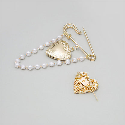 Pearl and 18K Gold-Plated Chain Heart Brooch - Set Of Two, jewelry gift sets for women, everyday style, side view