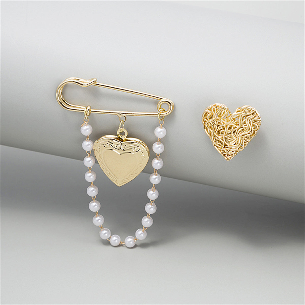 Pearl and 18K Gold-Plated Chain Heart Brooch - Set Of Two, jewelry gift sets for women, everyday style, detail close-up