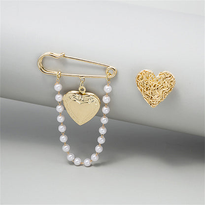 Pearl and 18K Gold-Plated Chain Heart Brooch - Set Of Two, jewelry gift sets for women, everyday style, detail close-up