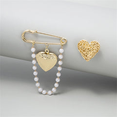 Pearl & 18K Gold-Plated Chain Heart Brooch - Set Of Two
