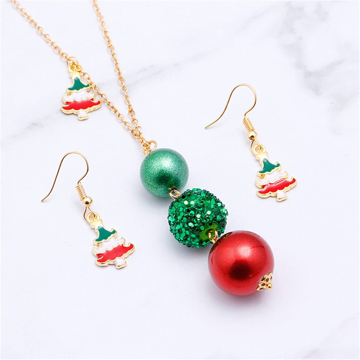 Red Enamel and 18K Gold-Plated Christmas Tree Drop Earrings and Beaded Pendant Necklace Set, gold drop..., front view