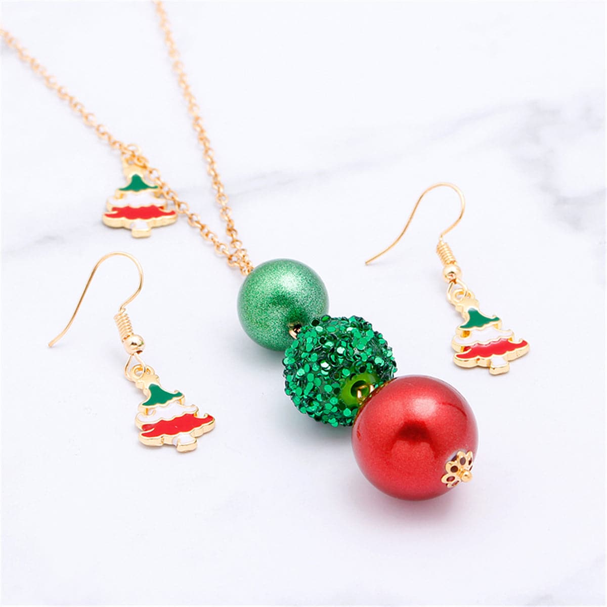 Red Enamel and 18K Gold-Plated Christmas Tree Drop Earrings and Beaded Pendant Necklace Set, gold drop..., side view