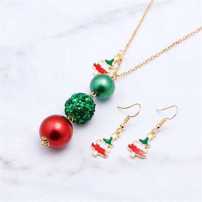 Red Enamel and 18K Gold-Plated Christmas Tree Drop Earrings and Beaded Pendant Necklace Set, gold drop..., detail close-up