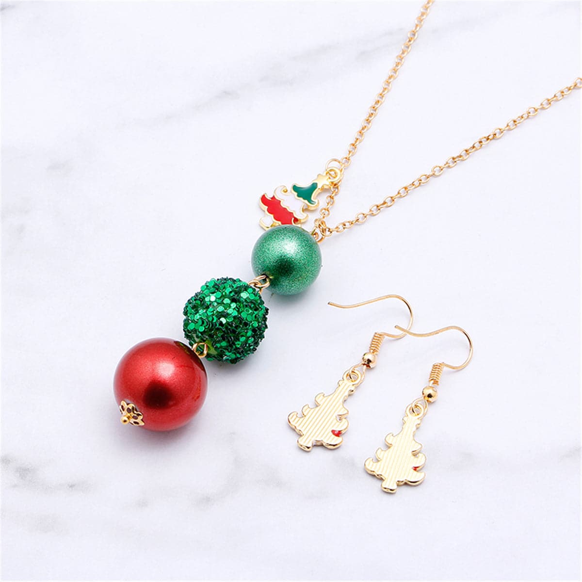 Red Enamel and 18K Gold-Plated Christmas Tree Drop Earrings and Beaded Pendant Necklace Set, gold drop..., lifestyle look