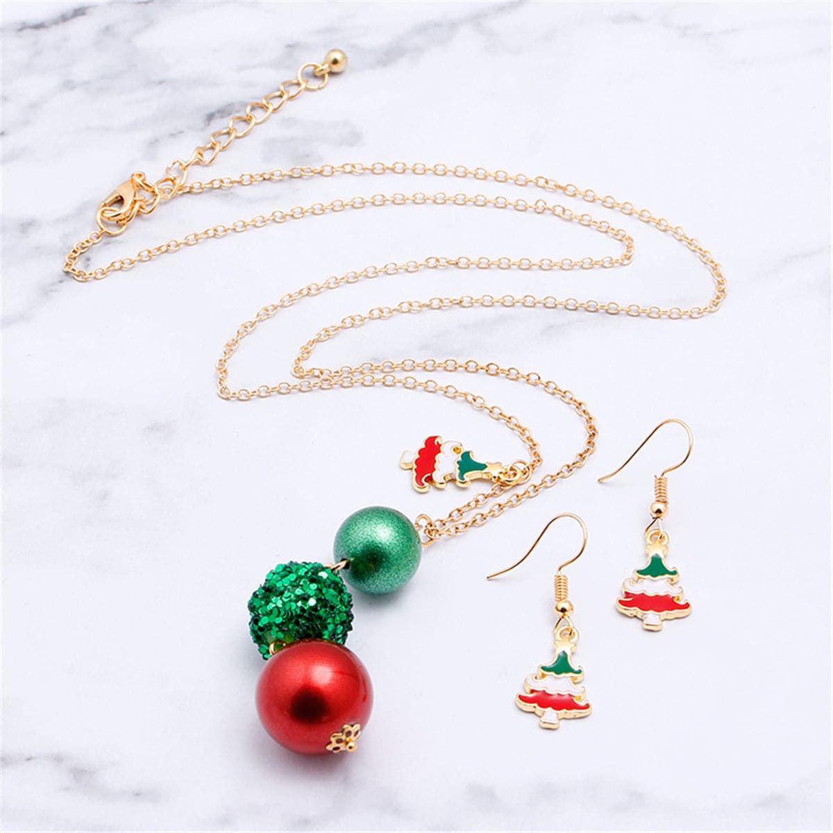 Red Enamel and 18K Gold-Plated Christmas Tree Drop Earrings and Beaded Pendant Necklace Set, gold drop..., styled look