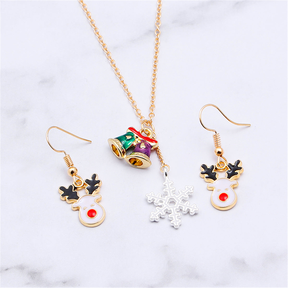White and 18K Gold-Plated Reindeer Earrings and Snowflake Pendant Necklace, gold drop earrings for women, side view