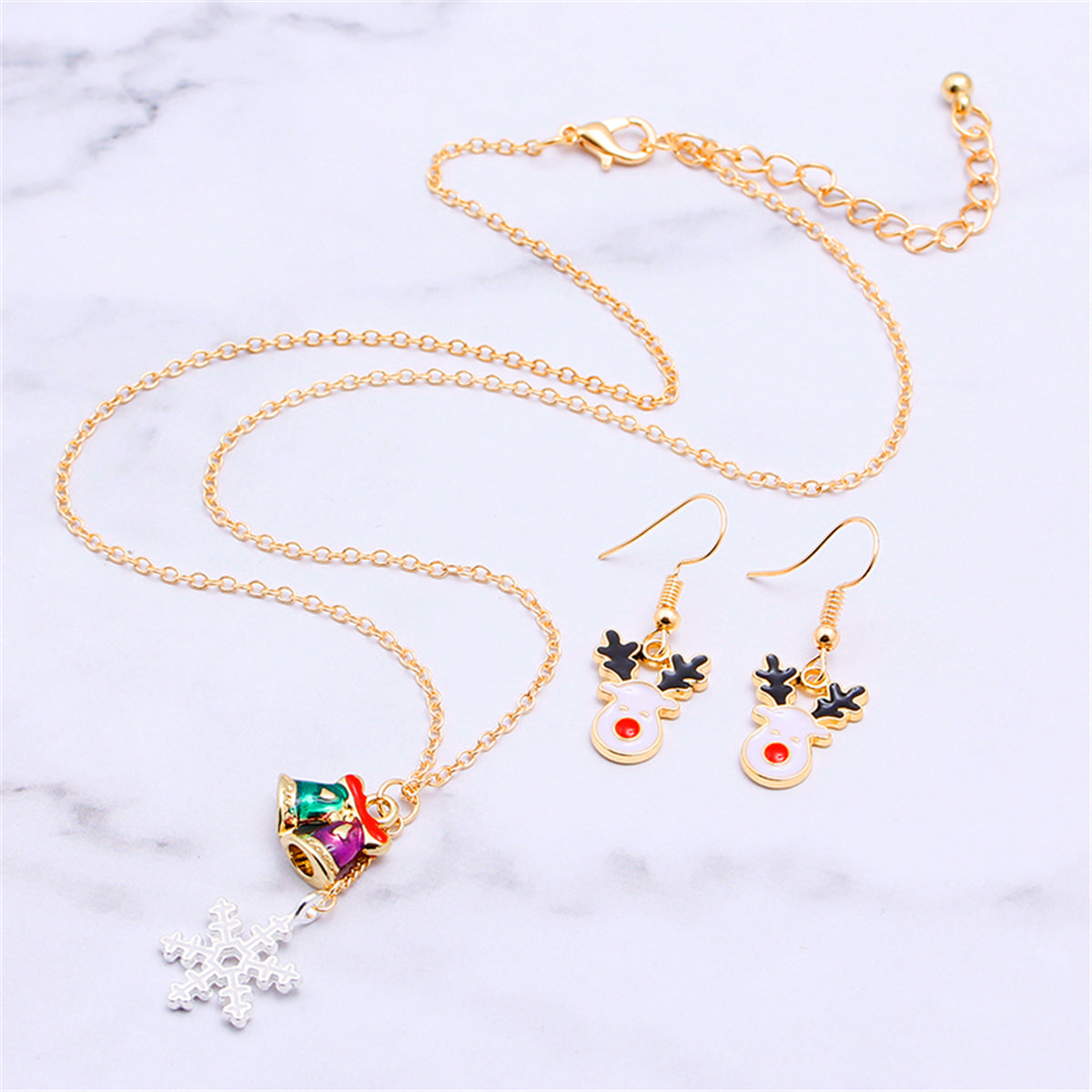White and 18K Gold-Plated Reindeer Earrings and Snowflake Pendant Necklace, gold drop earrings for women, lifestyle look