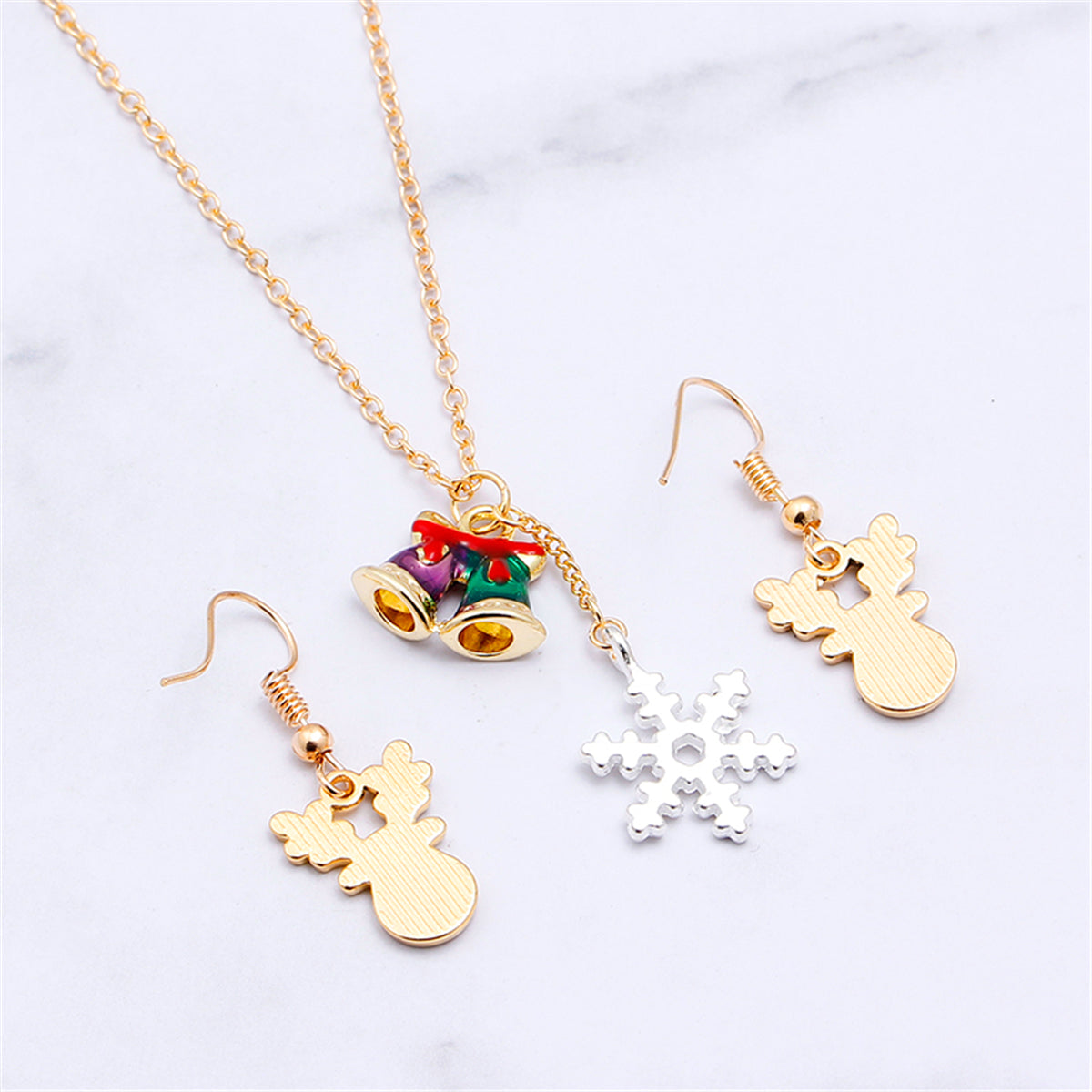White and 18K Gold-Plated Reindeer Earrings and Snowflake Pendant Necklace, gold drop earrings for women, styled look