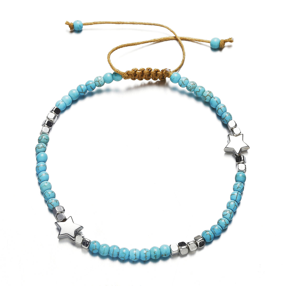 Turquoise and Silver-Plated Star Adjustable Anklet, silver anklet bracelet, vintage-inspired design, detail close-up