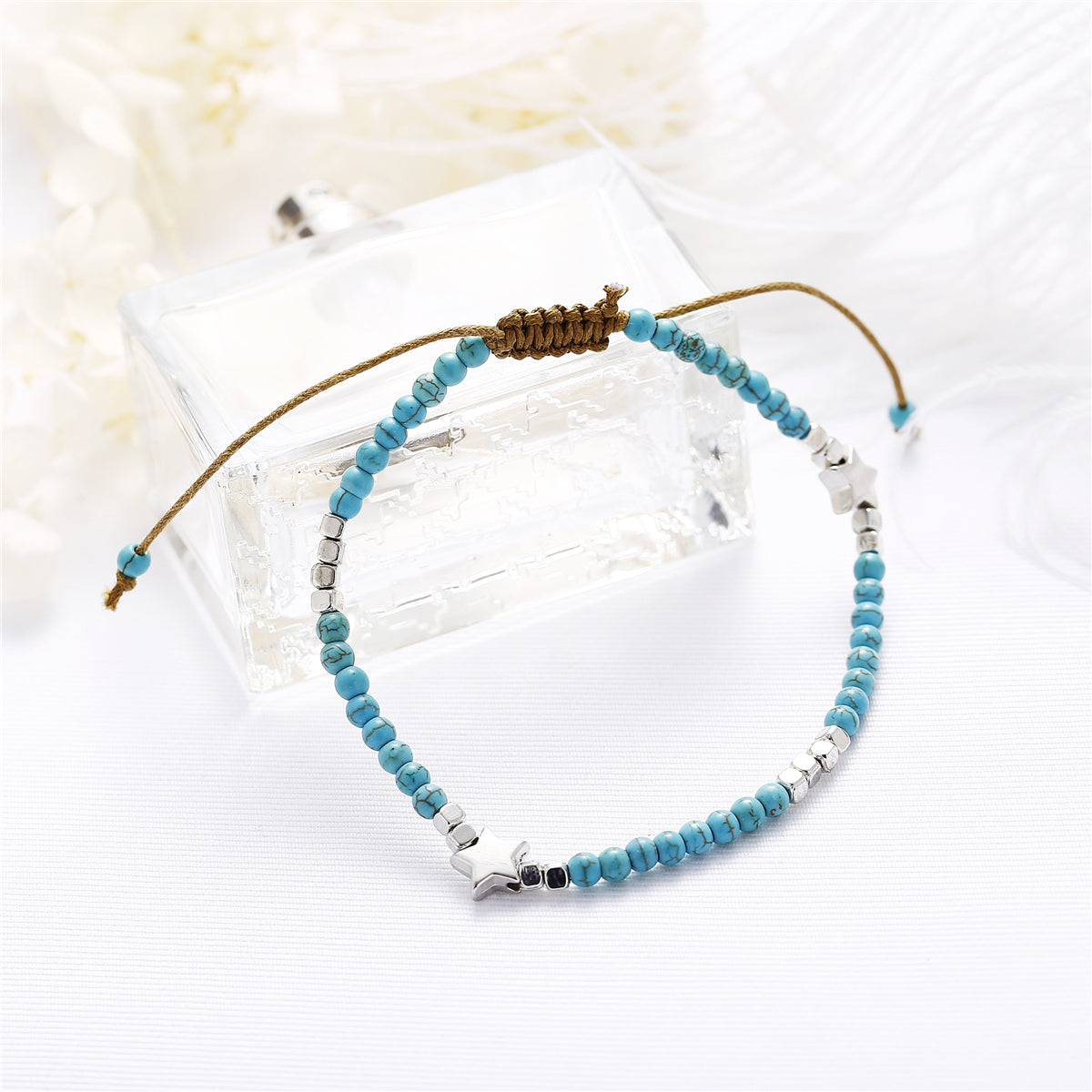 Turquoise and Silver-Plated Star Adjustable Anklet, silver anklet bracelet, vintage-inspired design, styled look